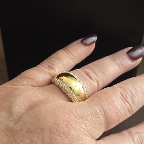 Swarovski Gold Tone Pave Crystal Wide Dome Ring | Size 7.75 Statement Band - Picture 2 of 6